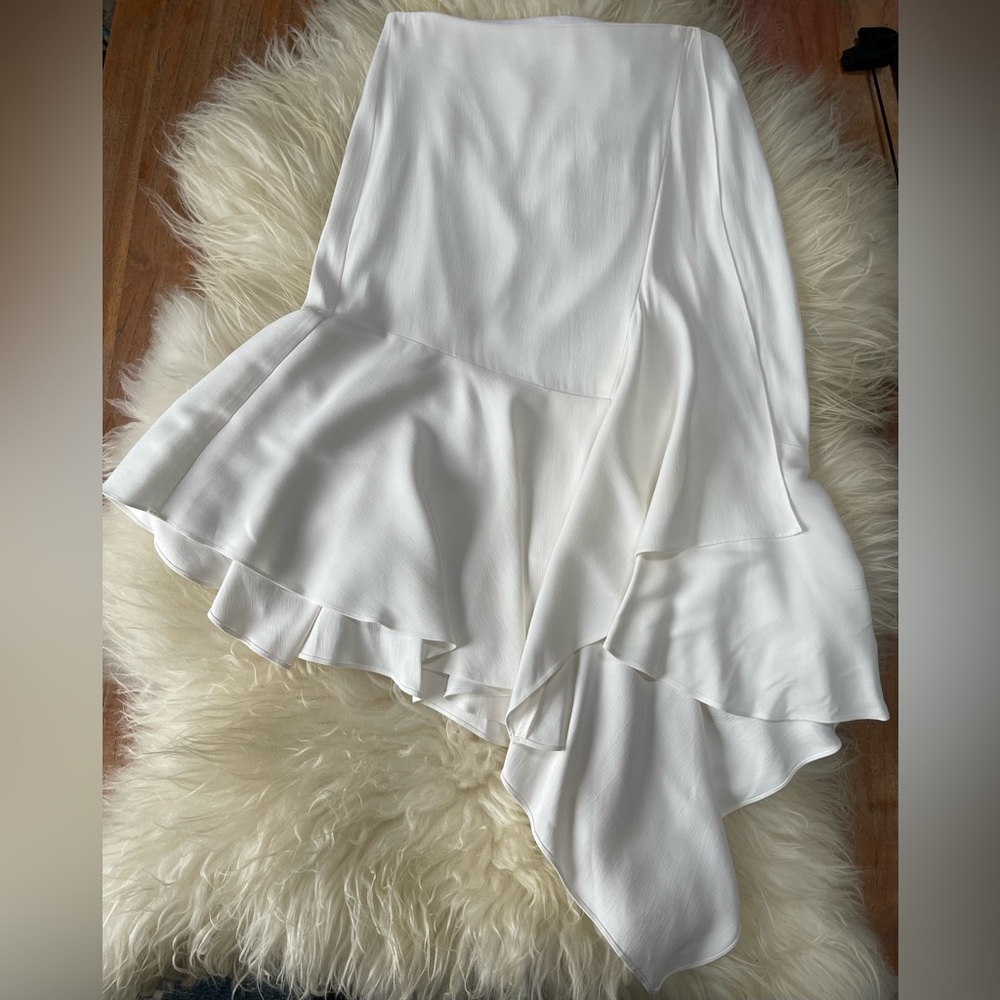 Nicole Miller White Asymmetrical Ruffle Midi Skirt